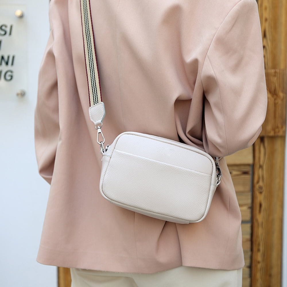 Crossbody Bag for Women Leather Wide Strap Shoulder Bag Purse Trendy Crossbody Purse Top Zip, 25*16*8cm - white