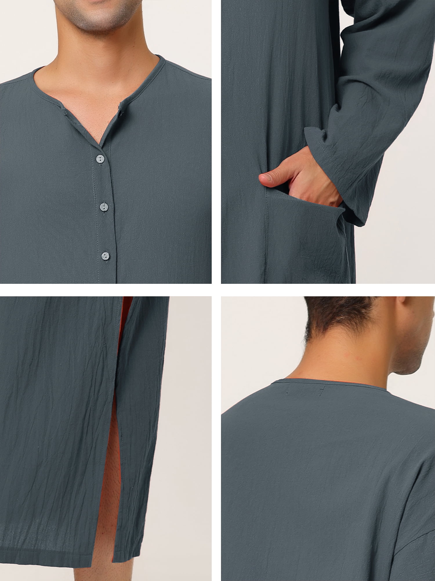 Unique Bargains Men's Nightshirt Cotton Sleep Shirt Side Split Long Nightgown L Gray