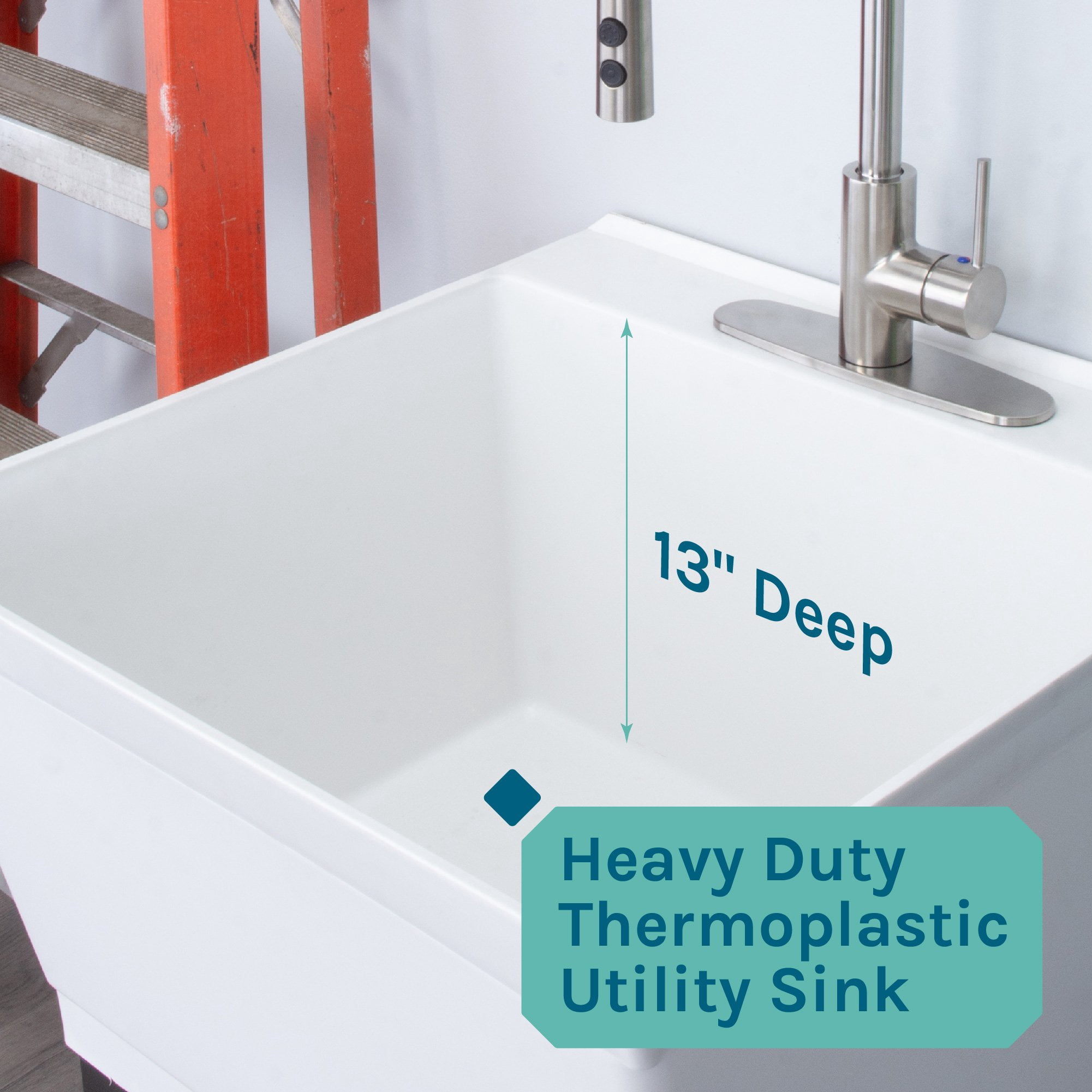 Tehila Whie 19 Gallon Utility Sink with High-Arc Stainless Steel Coil Pull-Down Faucet
