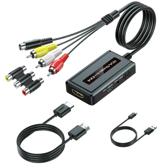 RCA Svideo to HDMI Converter with HDMI Cable RCA Cable Svideo Cable RCA F-F Adapter , Composite AV to HDMI Adapter, RCA/S-video R/L Audio Input to HDMI Output Supports 720P/1080P Output Switch