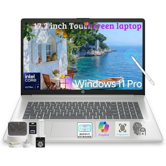 HP 17 inch Touchscreen Laptop Computer, Intel 12-Core Ultra 7 255U, 32GB DDR5, 1TB SSD, Windows 11 Pro, 17.3" HD Touch Display, Backlit KB, Fingerprint, Intel AI 12 NPU Tops, Copilot AI
