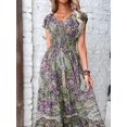 thumbnail image 3 of Women's Plus Size Printed V Neck Short Sleeve Midi Dress Frill Smocked Detail one hundred percent polyester fabric, 3 of 8