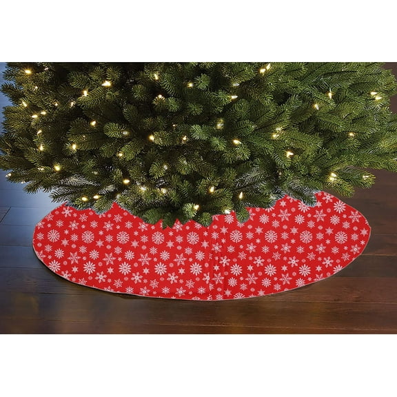 Cotton Print Holiday Tree Skirt 42" Round Snowflakes on Red