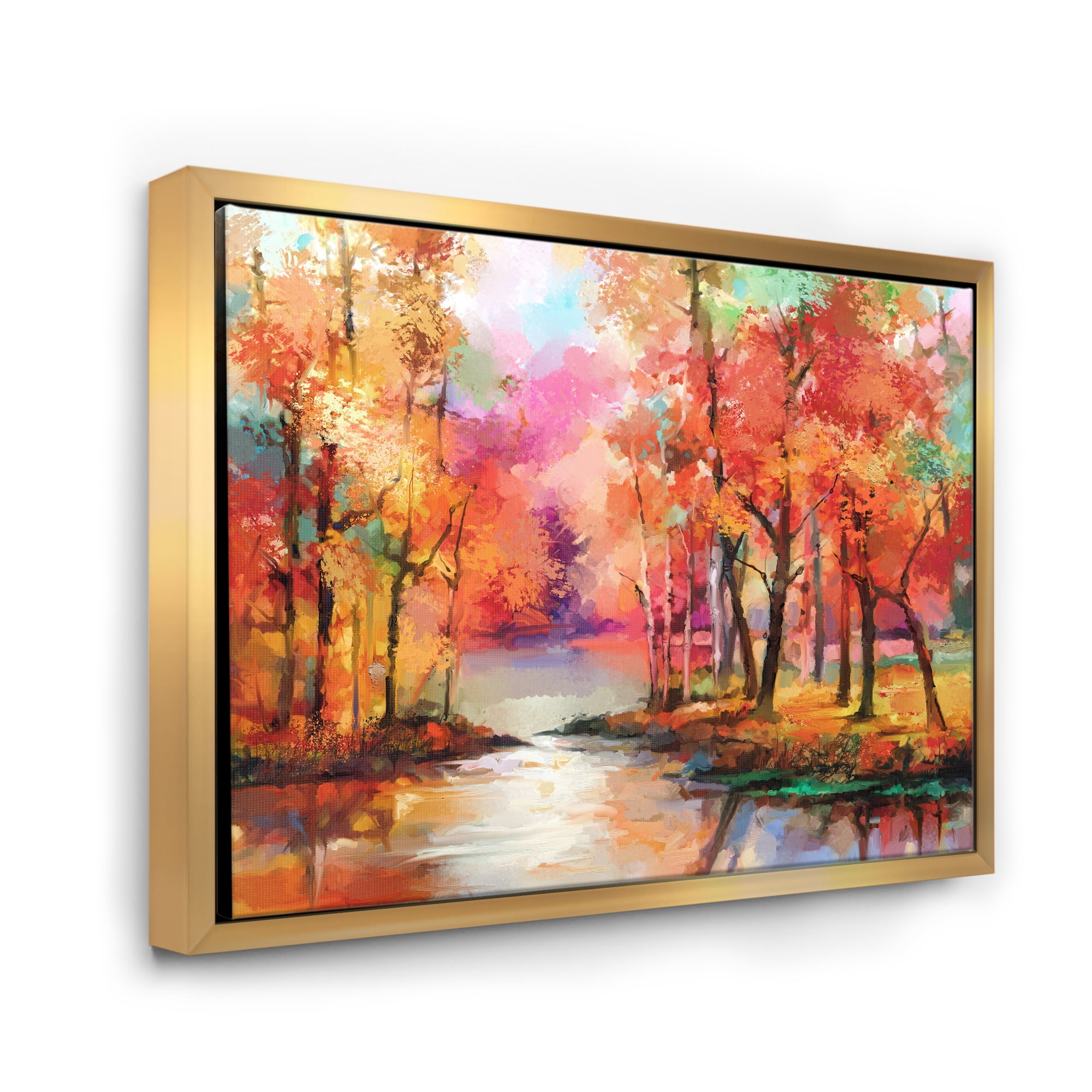 Designart 'The Lake In Autumn By Colorful Autumn Trees' Modern Framed Canvas Wall Art Print