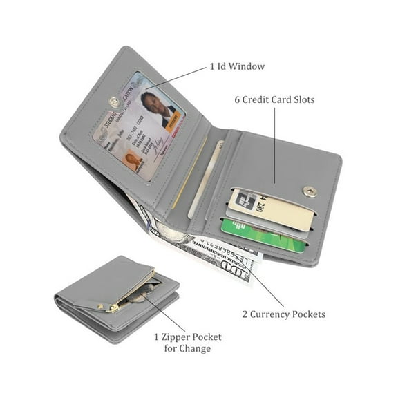 Clearance business card holder under $5,Leather Wallet For Women Small Leather Wallet RFID Blocking Credit Card Holder Ladies Purse Zipper Pocket Wallet For Women Girls Blue/Grey 1PC