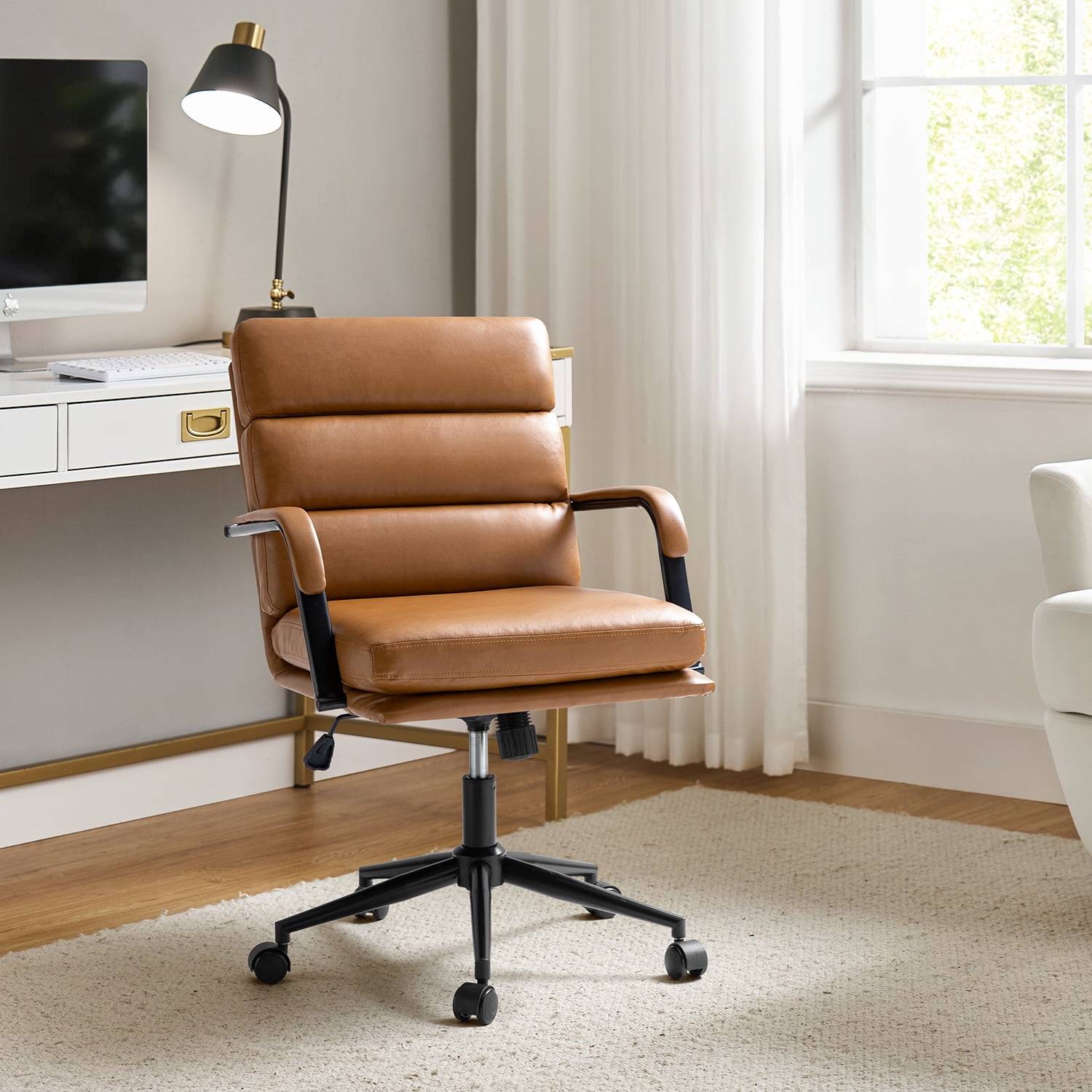 Ergonomic Office Chair Faux Leather Desk Chair Executive Swivel with High Back and Padded Cushion Camel