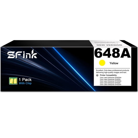 648A 1-Pack Yellow Toner Cartridges Compatible for HP648A CE262A for Color Laser Enterprise CP4025dn, CP4025n, CP4525dn, CP4525n, CP4525xh Printers