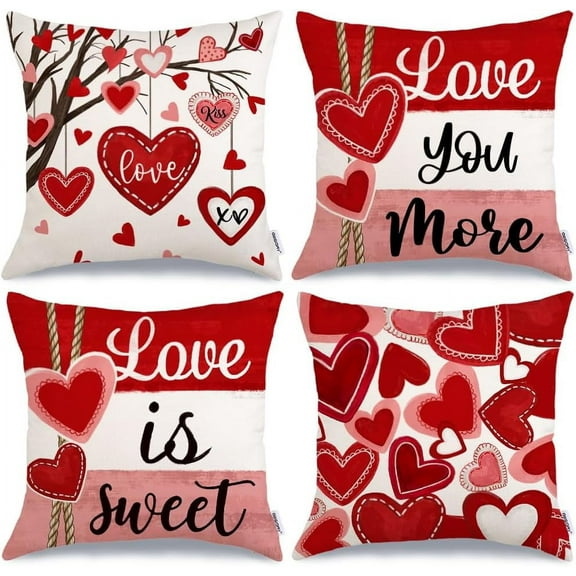 Valentine's Day Throw Pillow Covers 20x20 Inch Set of 4, Valentines Red Hearts Love You More Decorative Farmhouse Holiday Cushion Case for Home Decoration G443-20