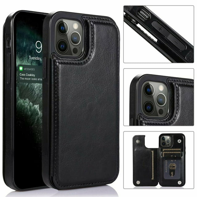 Merlin Leather Flip Wallet Case Card Holder Phone Back Cover for iPhone 13 Pro (Black)