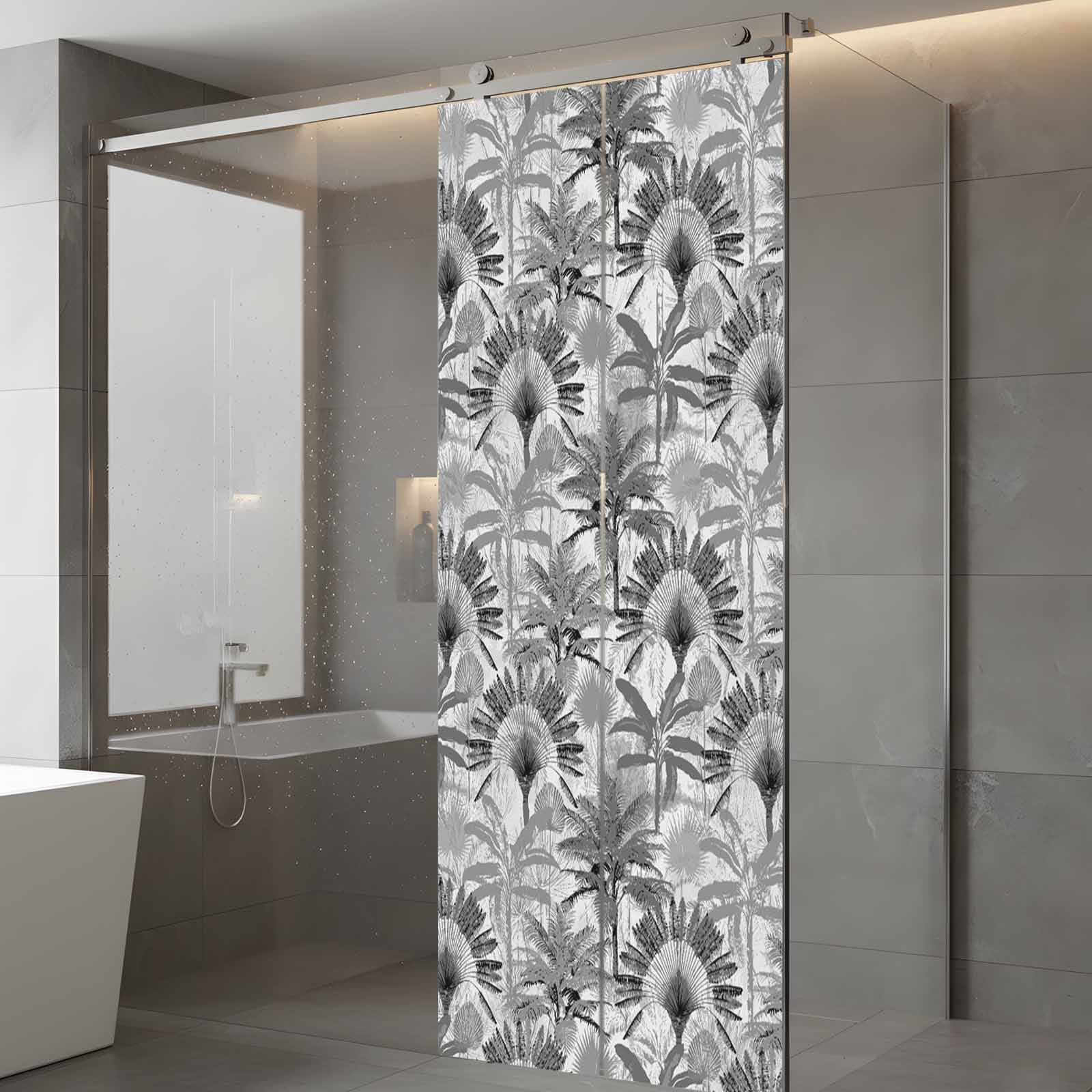 Grey Tropical Leaves Window Privacy Film, Summer Palm Trees Botanical Static Cling UV Sun Blocking Tint Film Heat Control Windows Films for Bedroom Bathroom, Window Stickers 23.6"x59"