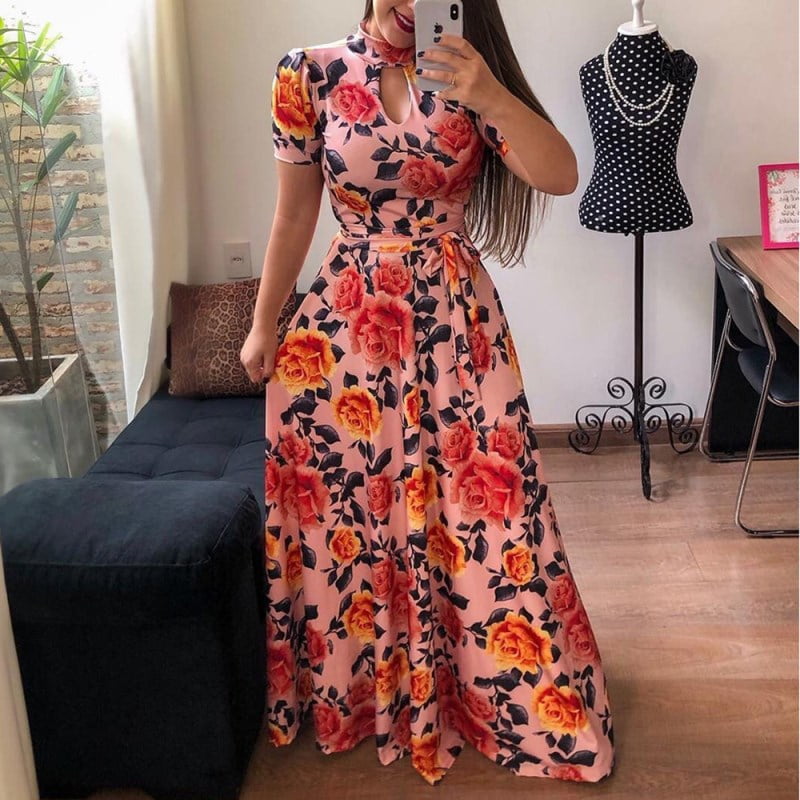 Women Fashion Print One Piece Dress Hanging Neck Waistband Long Sleeve Short Sleeve Long Skirt Home Party Evening Party Outdoors Walmart Com
