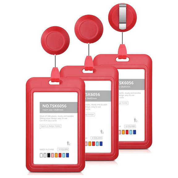 Retractable Badge Holders, Hard Plastic Sliding ID Holder with Reel Clips , 3 Pack Red