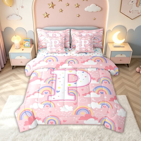 meiyoeat Rainbow Letter P Twin Bedding for Girls Kids, Cartoon Cloud Bedding Comforter Set for Bedroom, Pink, Colorful Star Reversible, 7pcs