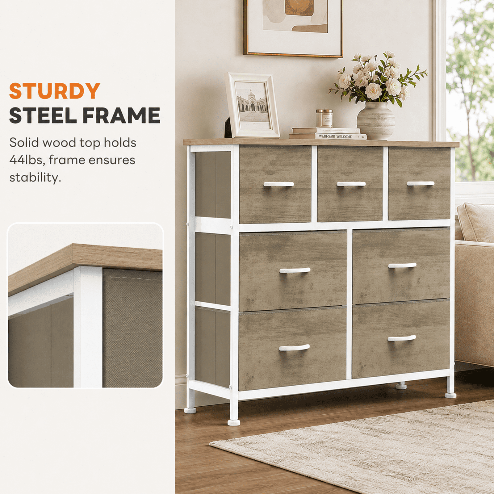 Alvantor 7/8/9-Dresser, Dresser for Bedroom Organizer Storage, Fabric Storage Tower with Sturdy Steel Frame, Wooden Top & Easy Pull Fabric Bins, Dresser for Living Room Entryway Clothes Organization
