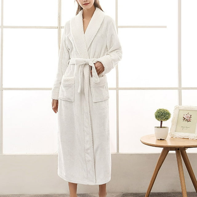 CFLVAEK Fleece Robes for Women Soft Long Bathrobes with Pockets Plus Size Warm Winter Robe Solid Color Fuzzy Plush Spa Robes with Belt White M