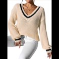 thumbnail image 3 of Suéter Holgado de Punto A Rayas de Larga para Mujer, Estilo Preppy, para Otoño e Invierno, con Cuello en V Albaricoque S, 3 of 8