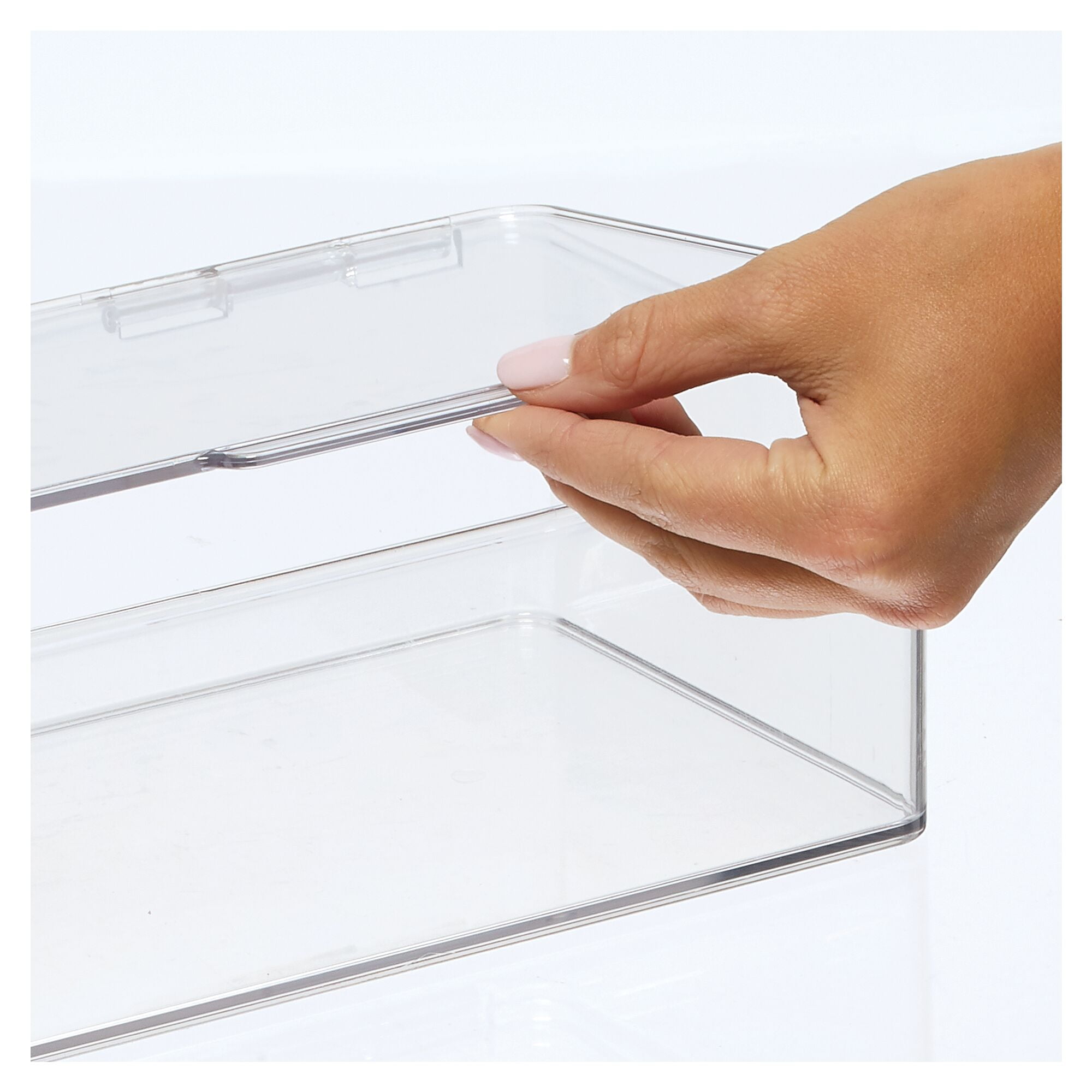mDesign Plastic Bath Stacking Storage Organizer Box, Hinged Lid, 8 Pack, Clear
