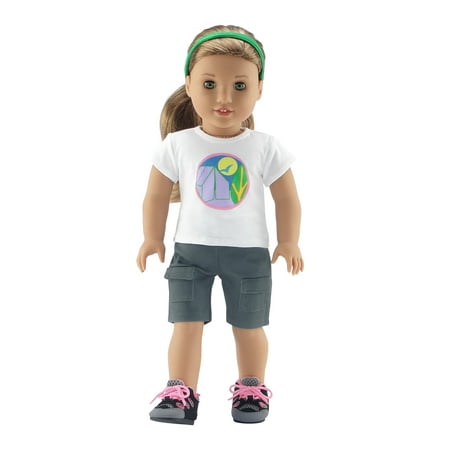 Emily Rose 18 Inch Doll Clothes | Brownie Girl Scout Camping Outfit, Includes Doll T-Shirt with Camping Badge Graphic, Cargo Shorts, Headband and Hiking Boots! | Fits American Girl Dolls | Gift (My Best Self Brownie Badge)