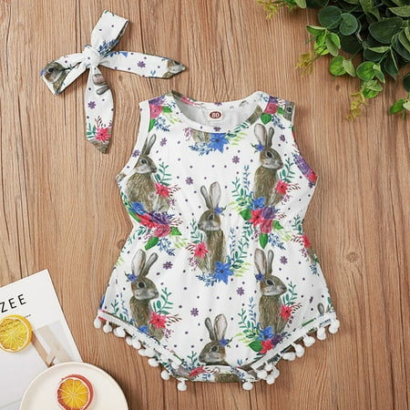 

Yubatuo Newborn Infant Baby Girls Vest Easter Bunny Floral Romper Bodysuit+Headband Set White 86