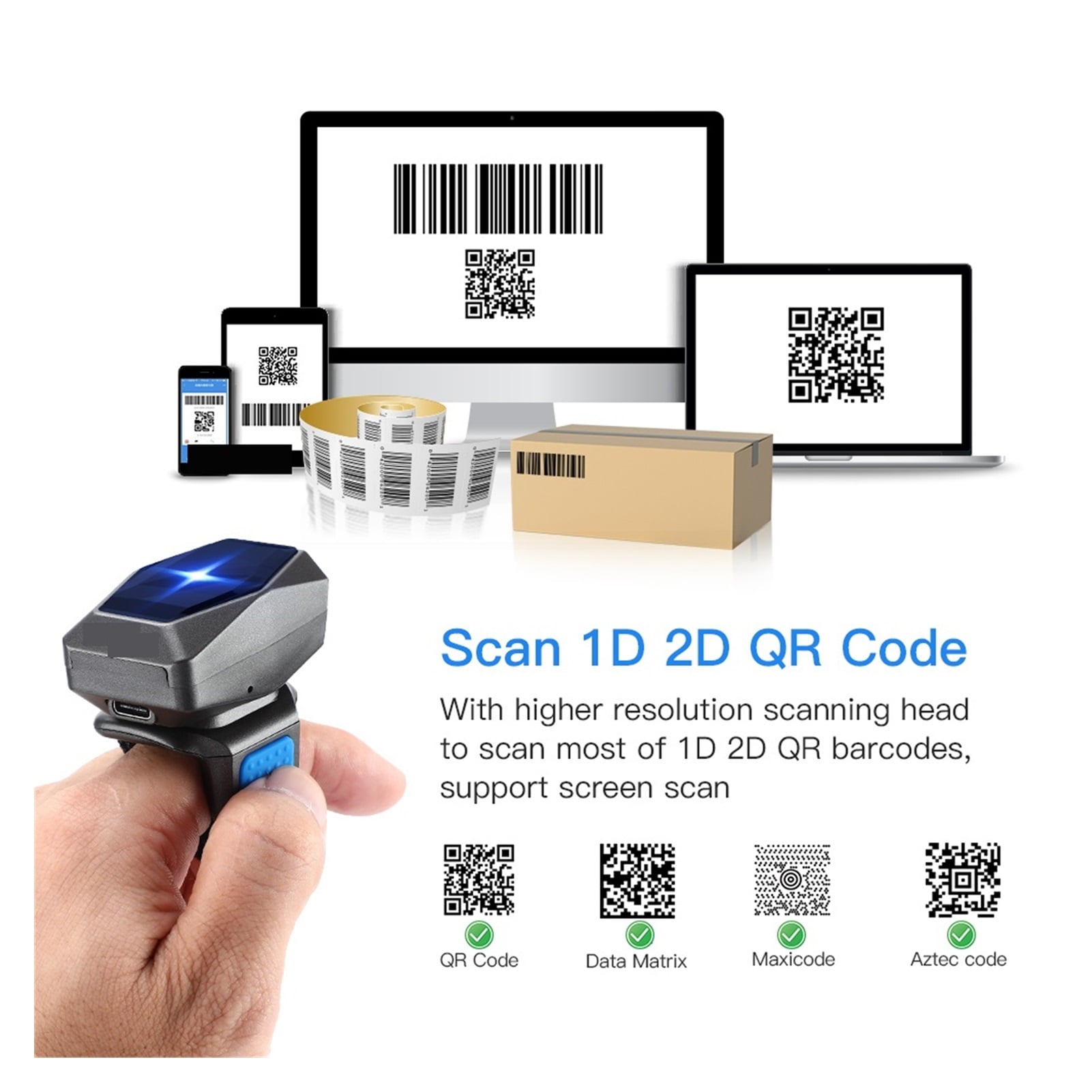 Wearable 1D Bluetooth Barcode Scanner Ring 2D QR Barcode Reader 2.4G Dongle Wireless EAN13 Barcodes USB Wired Read ,Easy to Operate