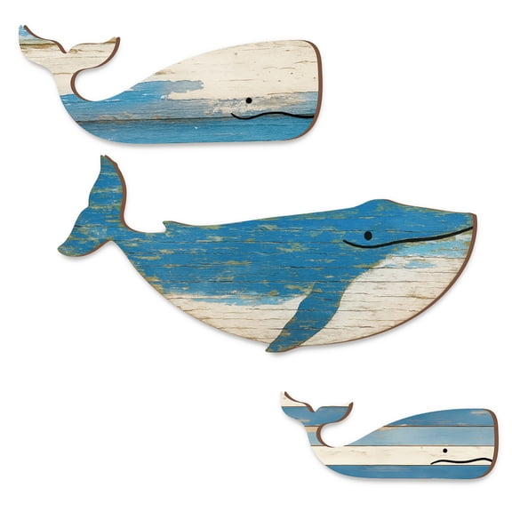 3 Pcs Wooden Whale Wall Art Rustic Whale Wall Pediments Vintage Nautical Coastal Theme Ornaments for Home Lake House Bedroom Bathroom Decor