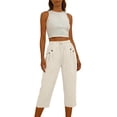 thumbnail image 7 of Dagugfen Cotton Linen Capri Pants for Women Straight Leg Elastic Waist Drawstring Lightweight Casual Capris with Pockets, 7 of 7