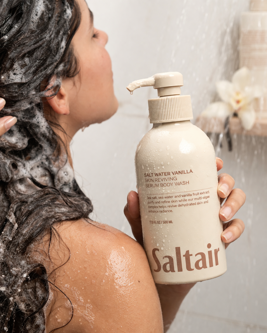 SALTAIR SALT WATER VANILLA BODY WASH, SKIN REVIVING SERUM CLEANSER, HYDRATING & NOURISHING FORMULA WITH SEA SALT & VANILLA EXTRACT, 17 FL OZ