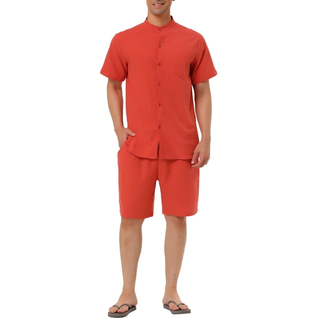 Conjuntos de lino para hombres INSPIRE CHIC, camisa de cuello band con botones y mangas cortas, pantalones cortos de playa sólidos L color rojo ladrillo