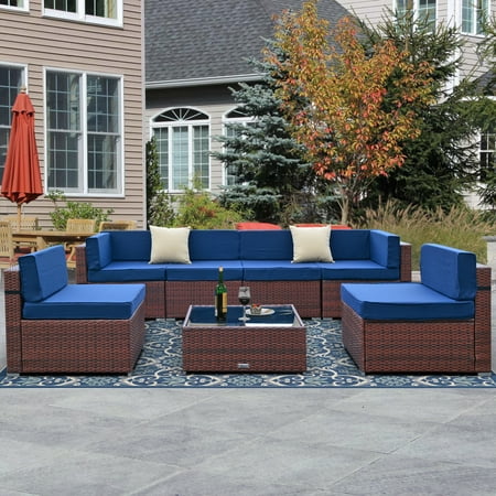 Sunvivi 7 Pcs Outdoor Sectional Sofa Set Wicker Patio Furniture Set with Glass Table Blue and Brown