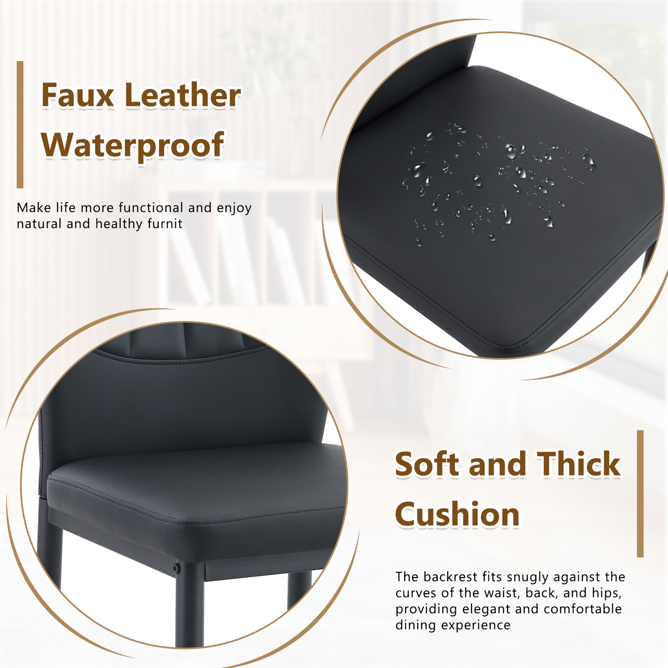 Noble House 37" Luxury Dining Chairs, PU Leather Shell Back, Ergonomic Cushion Seat, Black Metal Legs, Black, Set of 4