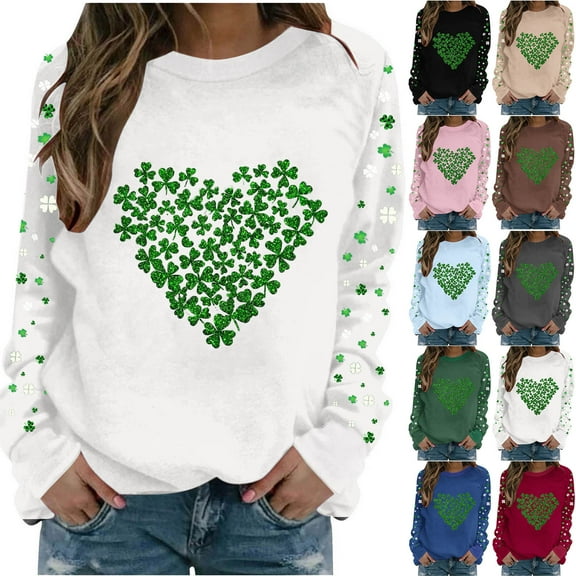 Cadancy St Patrick Shirts for Women Irish Shamrock Heart Graphic Long Sleeve Pullover Sweatshirts Crewneck Casual Loose Tops Fashion Funny Holiday Outfits