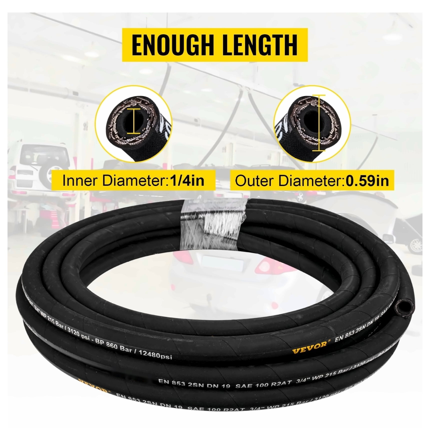 1/4 inch Hydraulic Hose 100 ft, 5800 PSI Rubber Hose with Steel Wire Braid, Flexible Hydraulic Oil Hose for Construction Agriculture Machinery