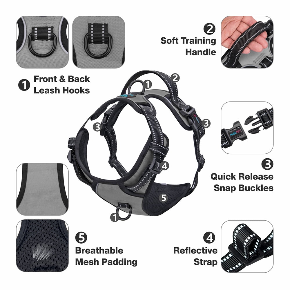 PHOEPET No Pull Dog Harness Medium Reflective Front Clip Vest with Handle, Adjustable 2 Metal Rings 2 Buckles,Grey