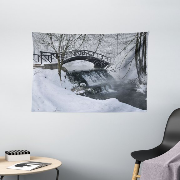Winter Tapestry, Snow Season Photography Small Wooden Bridge over Very Cold River at Early Morning, Wall Hanging for Bedroom Living Room Dorm Decor, 60W X 40L Inches, White Brown, by Ambesonne
