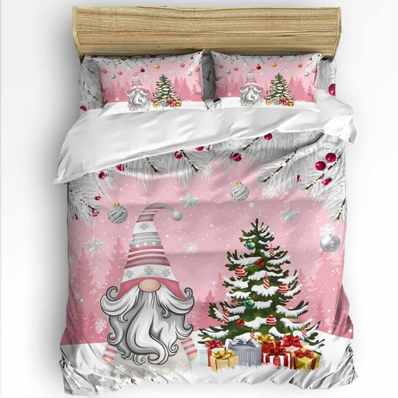 Pink Christmas Twin Size Comforter Set, Dwarf Present Xmas Ball Snowflake Winter Soft Bedding for All Seasons, 4 Pcs Bed Set with 1 Comforter (68"x86") ,1Sheet(66"x116"), 2 Pillowcases (19"x29")