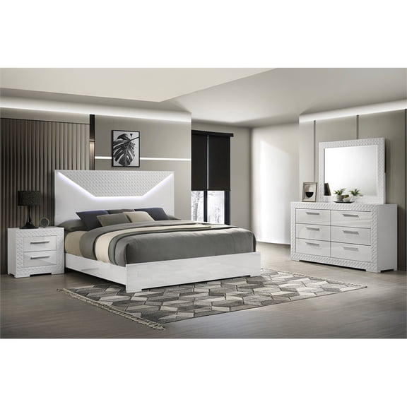Blanca Modern Style LED Queen 4PC Bedroom Set Made With Wood in White