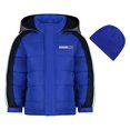 thumbnail image 1 of Boys Color Blocked Puffer Jacket Coat with Hat, Blue with Grey Hood, 3T, 1 of 3