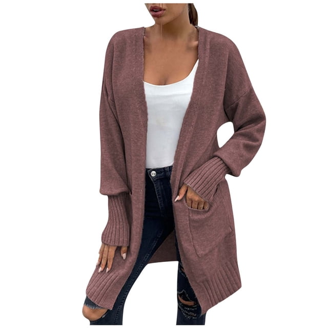 Pisexur Long Sleeve Cardigan for Women Solid Color Cardigan Wool Sweater Pocket Recreational Tops Casual Long Open Front Cardigan Sweaters