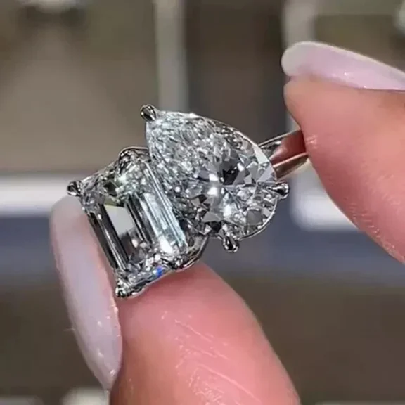 3Ct Pear & Emerald Cut Simulated Diamond Two Stone Wedding Ring 14K White Gold Plated Silver