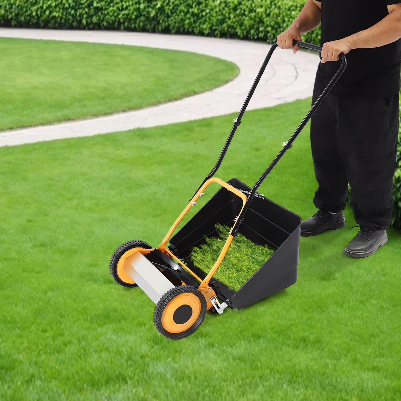 14" Manual Lawn Mower, 4-Blade Hand Push Garden Sweeper Wheeled Lawn Mower with Grass Catcher