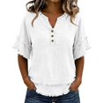 thumbnail image 2 of GILIGEGE Womens Cotton Linen Tops Flowy Summer Gauze Fringe Shirts Retro Short Sleeve V Neck Shirts Raw Hem Loose Beach Clothes，Frayed Henley Shirt Boho Tunic Blouse White M, 2 of 8