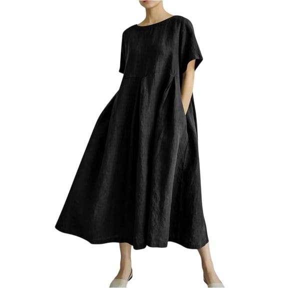LWavelet Women's Short Sleeve Oversized Linen Blend Midi Dress with Pockets for Casual & Summer Wear Black 2XL