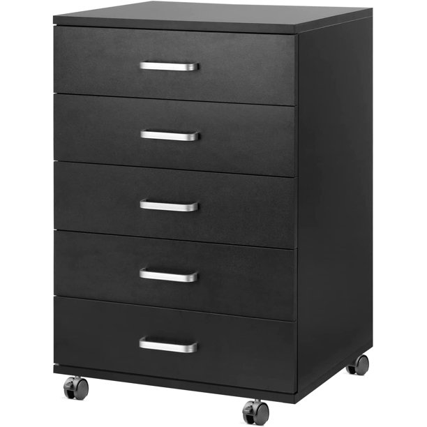 TUSY 5Drawer Chest, Storage Dresser with Wheels, Black