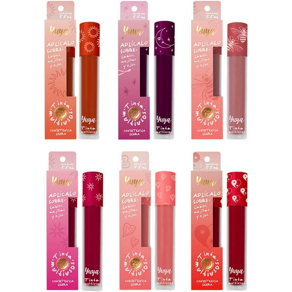 Paquete 6 Tintas multiusos Yuya con extracto de Aloe Vera Para labios mejillas y párpados