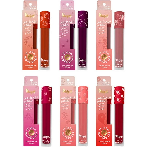 Paquete 6 Tintas multiusos Yuya con extracto de Aloe Vera Para labios mejillas y párpados