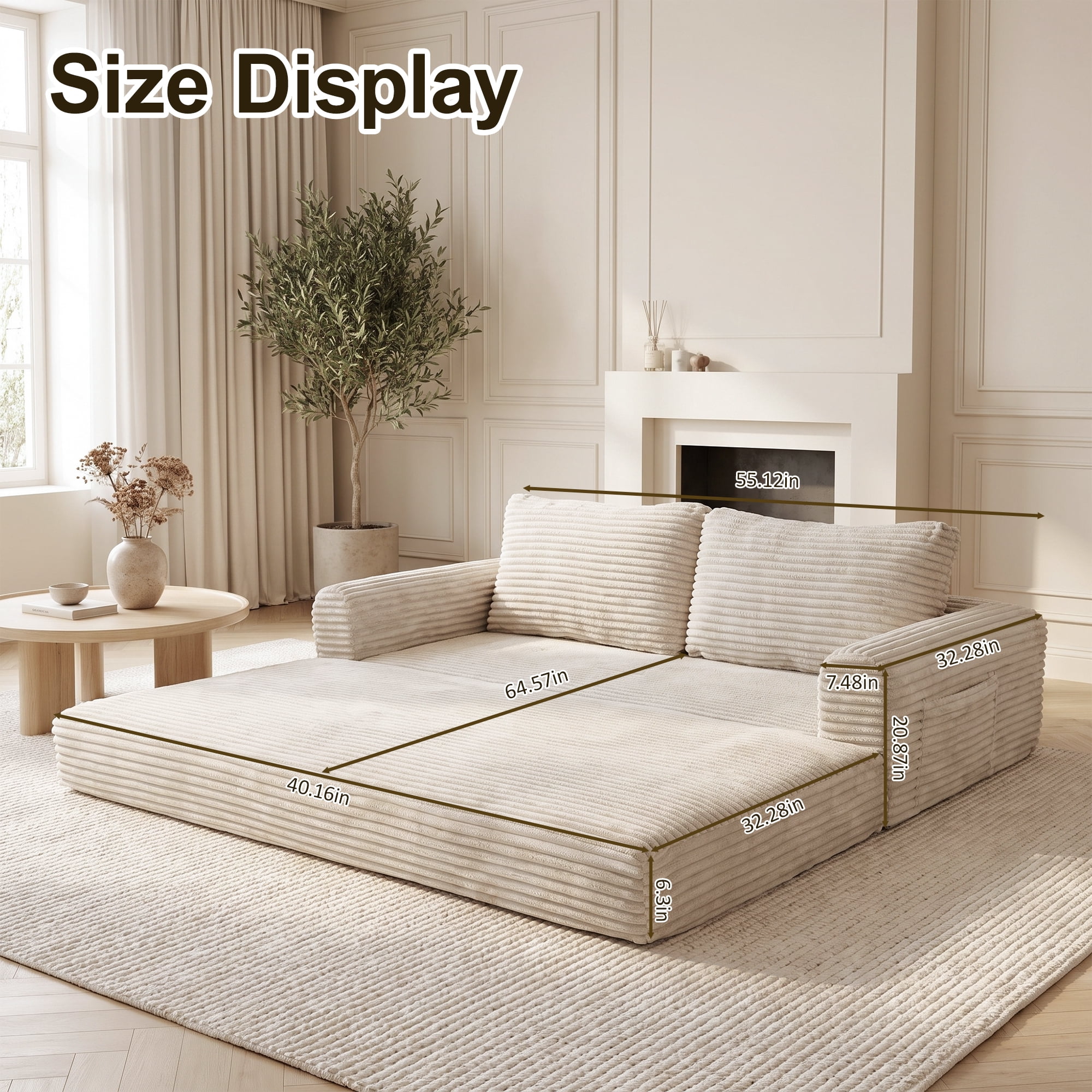 55" Convertible Futon Sofa Bed,Folding Boneless Couch with Sleeper Sofa,Fold Out Floor Sofa with Deep Seat,Cloud Corduroy Foldable Mattress Couch for Living Room,White