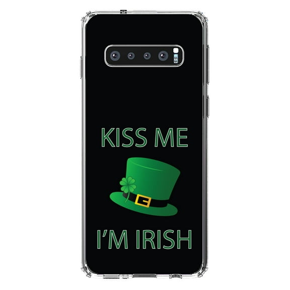 DistinctInk Clear Shockproof Hybrid Case for Samsung Galaxy S10 (6.1" Screen) - TPU Bumper, Acrylic Back, Tempered Glass Screen Protector - Black Green Kiss Me I'm Irish