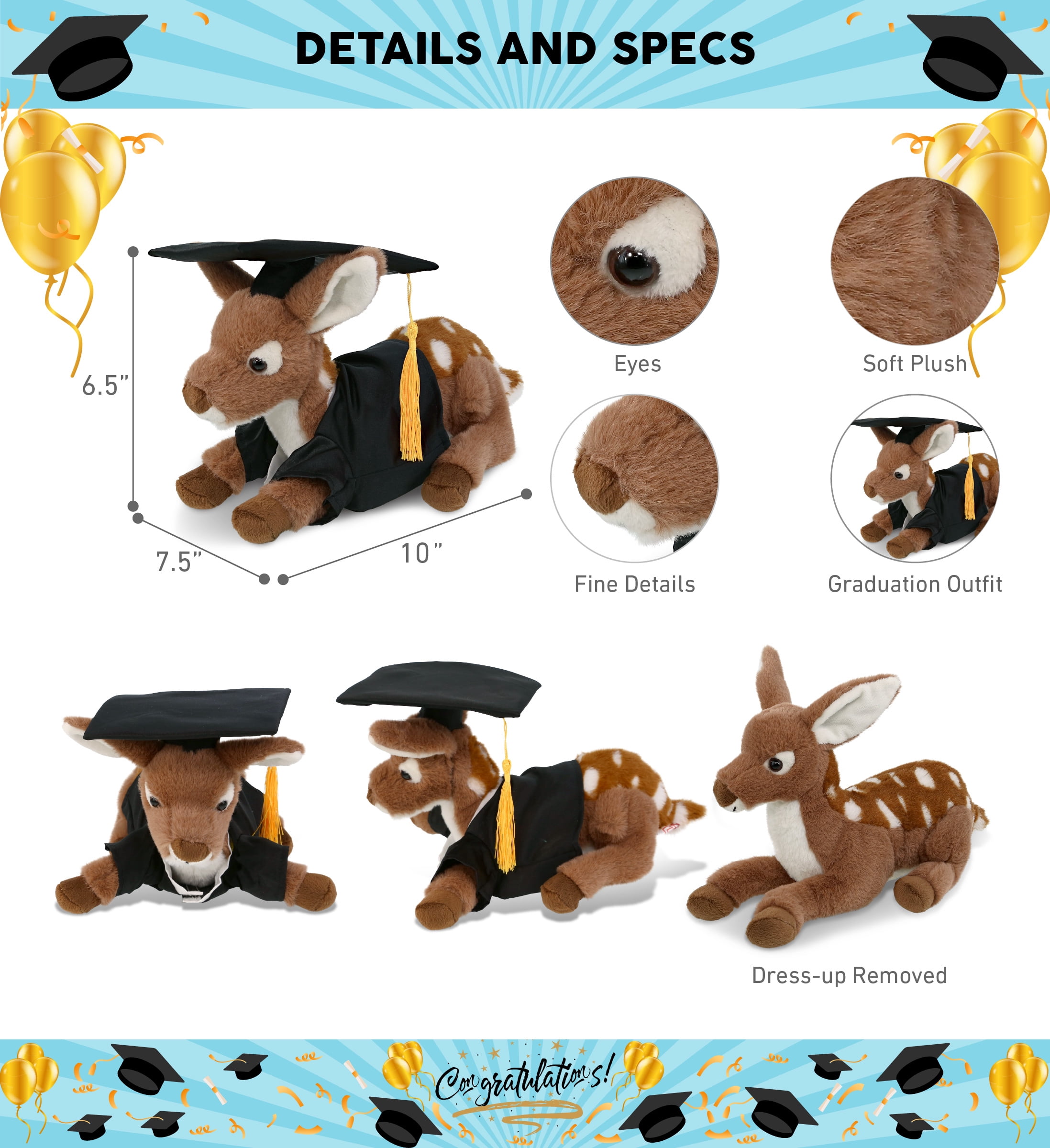 DolliBu Fawn Deer Graduation Plush Toy - Super Soft Deer Plush Graduation Stuffed Animal Dress Up with Graduation Gown and Cap with Tassel Outfit - Congratulatory Graduation Gift - 10 Inches