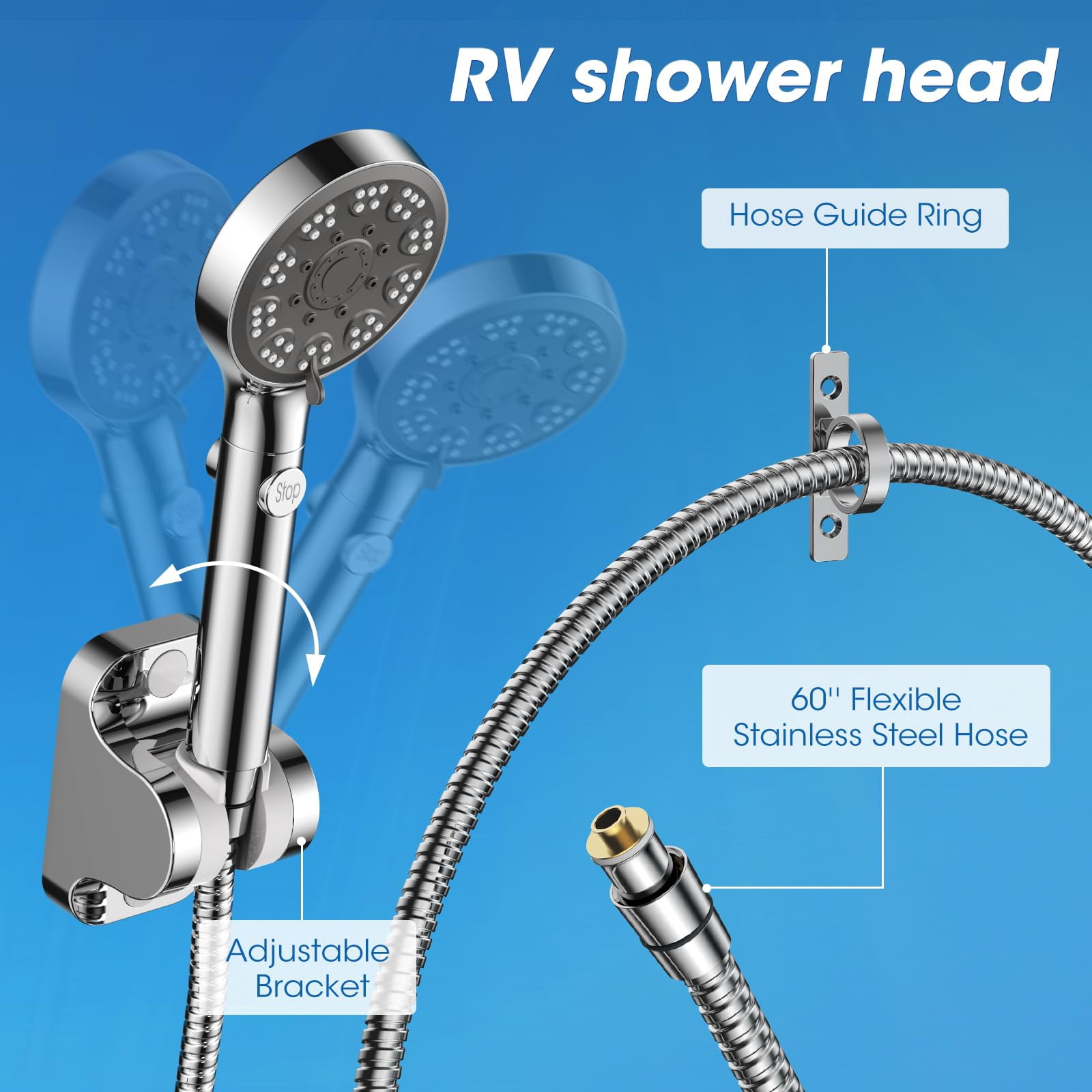 Deally RV Shower Head with Hose, High Pressure Handheld Shower Head with On Off Switch, 7 Mode Shower Head for RV/Campers, Travel Trailer