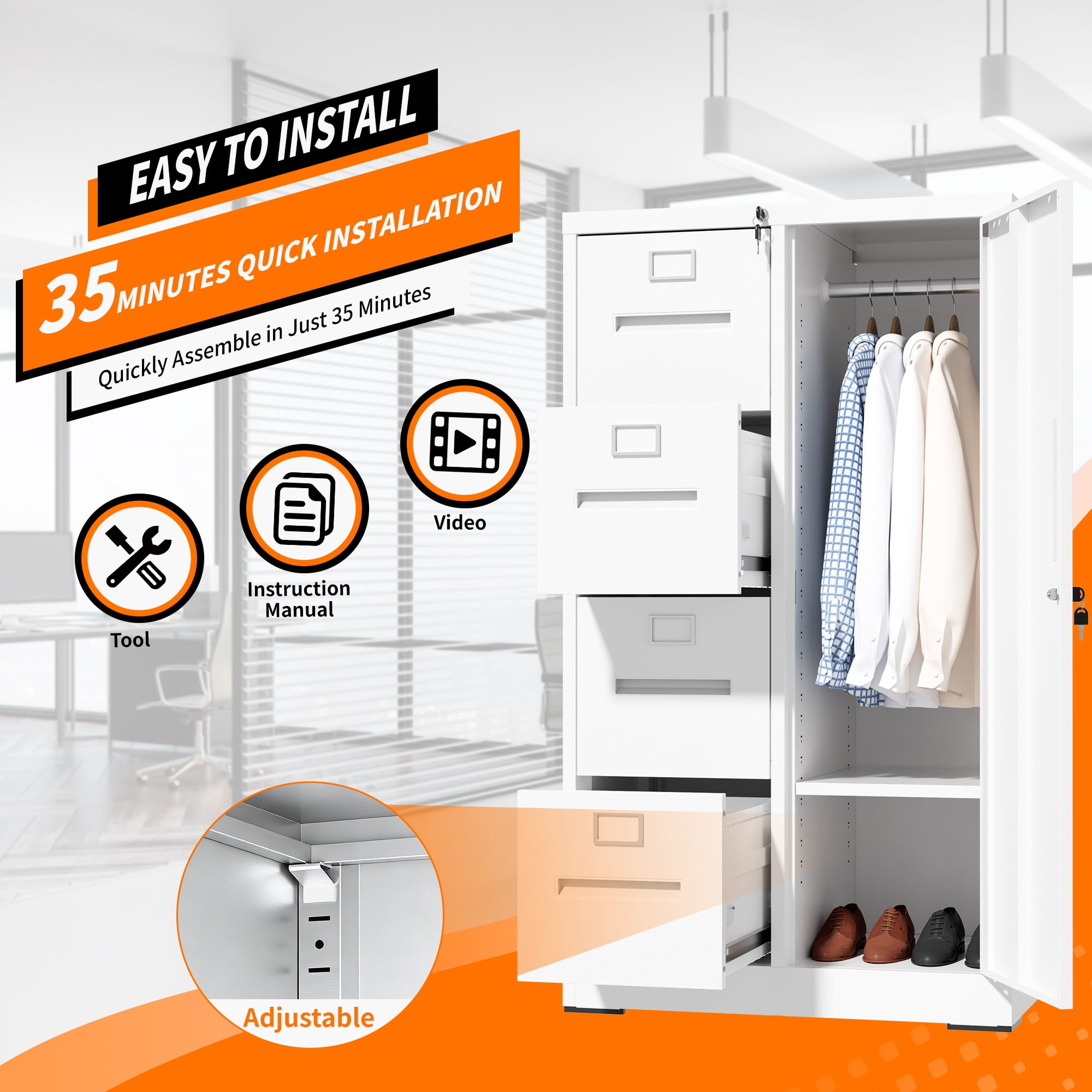 Leumius 52.4" Tall Metal Storage Cabinet with Lock,Freestanding Filing Cabinet Armoire Wardrobe Closet with 4 Drawers & Hanging Rod for Office,Living Room,School,White